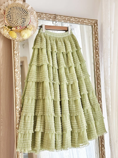 Tea Tiered Green Detail Length Skirt Under Ruffles