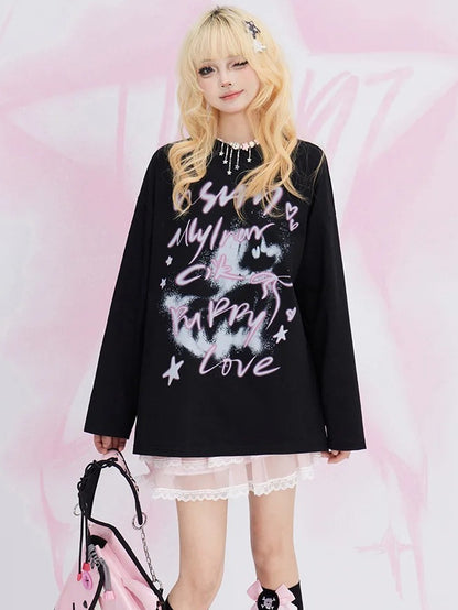 Black Letters Round Neck Loose Sweatshirt