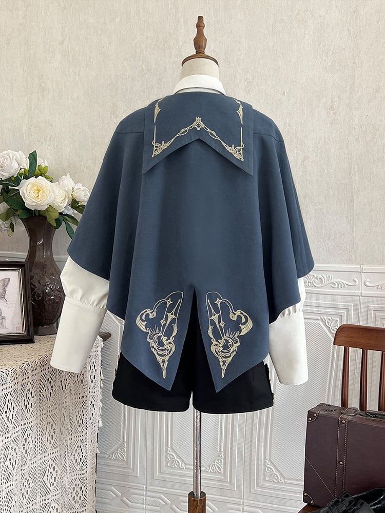 Blue and Brown Ouji Lolita Embroidery Details Pointed Hemline Cape