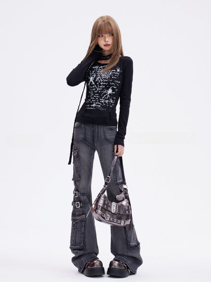 Free with Waist Y2K Black Spider Print Glamorous Slim-fitting Top Belt