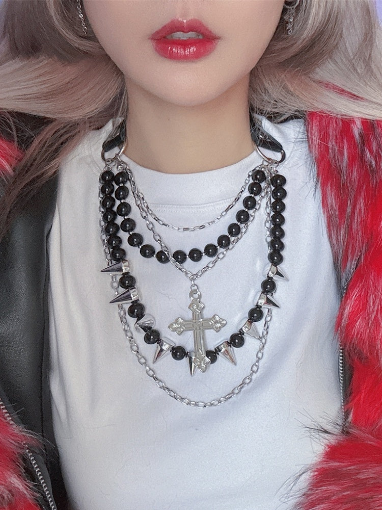 Studs Black Beaded Necklace Silver Pendant Decorated And Cross