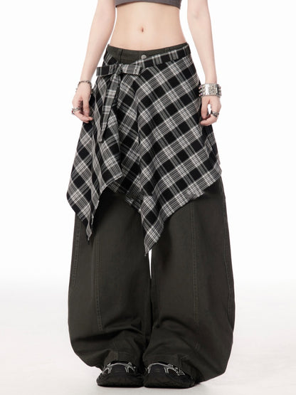 Rise Vintage Grau/Braun Dunkel mit Plaid Taille Zubehör Weite Bein Hosen Niedrigen