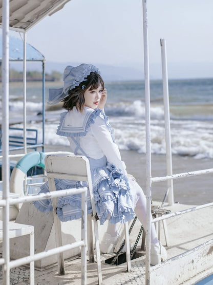 Overalls Light Flutter Sleeves Bow Accents Tiered Skirt Sweet Blue Lolita Dress