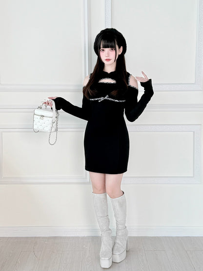 with Jirai Kawaii Kei Dress Chest and Shoulder Black Daily Hoodie Above-Knee Cutouts