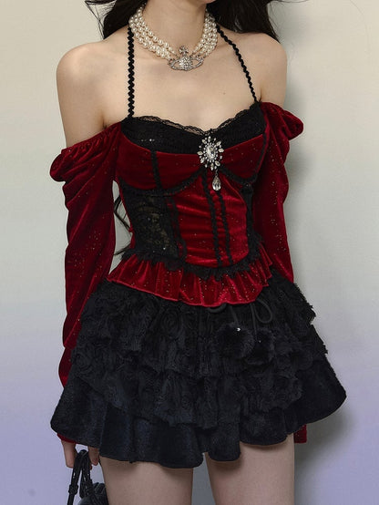 Red Rhinestones Adorned Shimmering Velvet Halter Neck Top