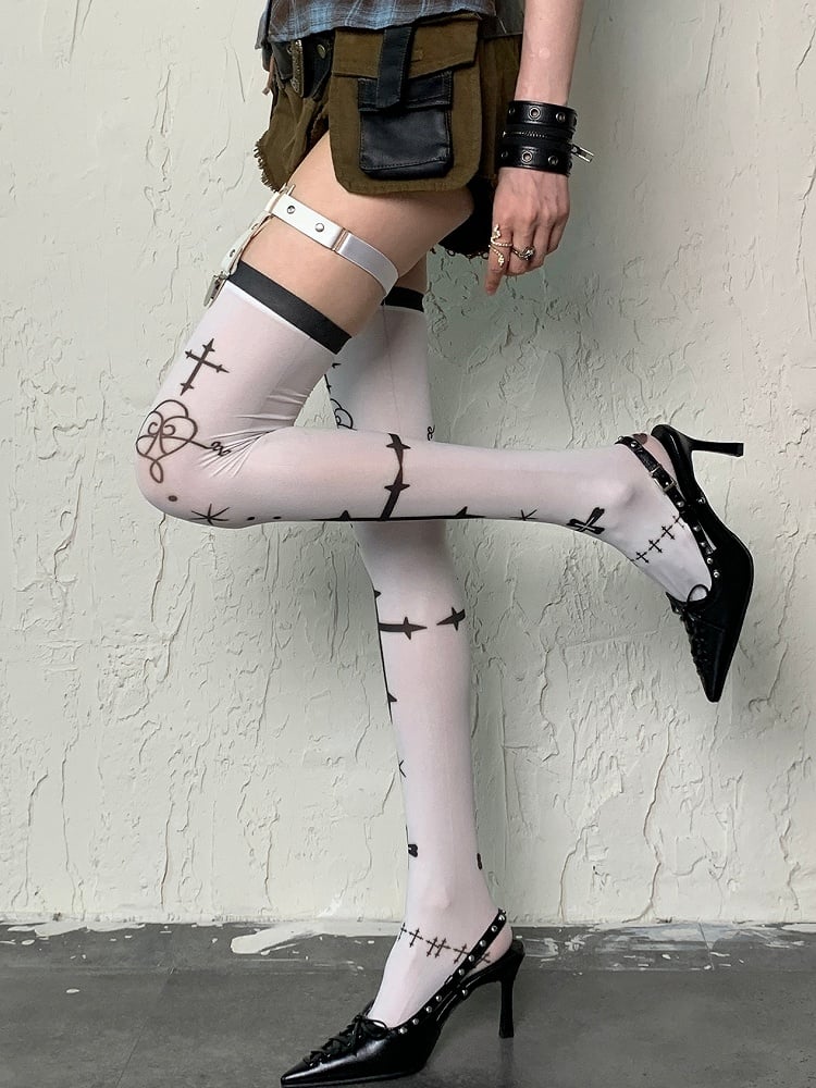 Stockings Pink Cross Over-knee Gothic Print Peach