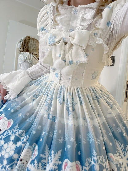 Teddy and Snowflake Blue Winter Fleece Hemline Sweet Lolita Dress