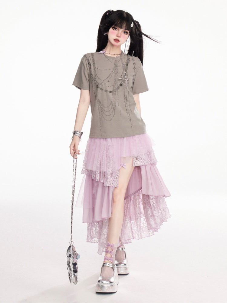 Gray Round Neck Rhinestone Chains Vintage T-Shirt