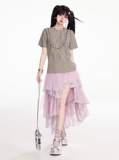 Gray Round Neck Rhinestone Chains Vintage T-Shirt