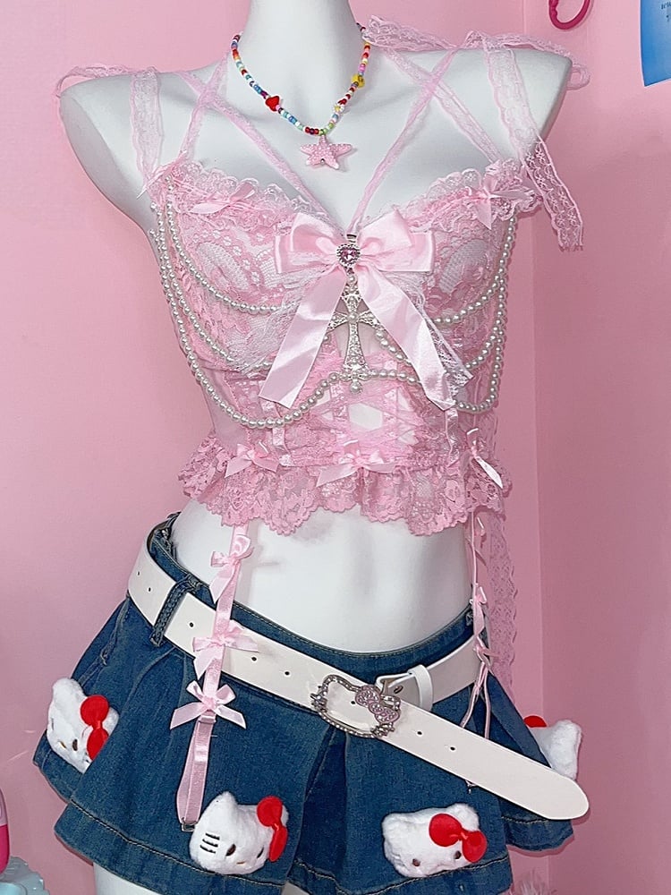 Pink Cross Top Beaded Lace Cami With Y2K Bow Charm Chains