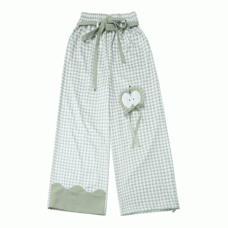 Green Plaid Pattern Apple Embroidery Drawstring Cuffs Belt Casual Pants with Self-tie