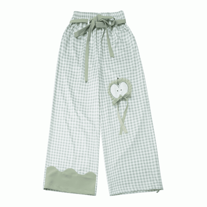 Green Plaid Pattern Apple Embroidery Drawstring Cuffs Belt Casual Pants with Self-tie