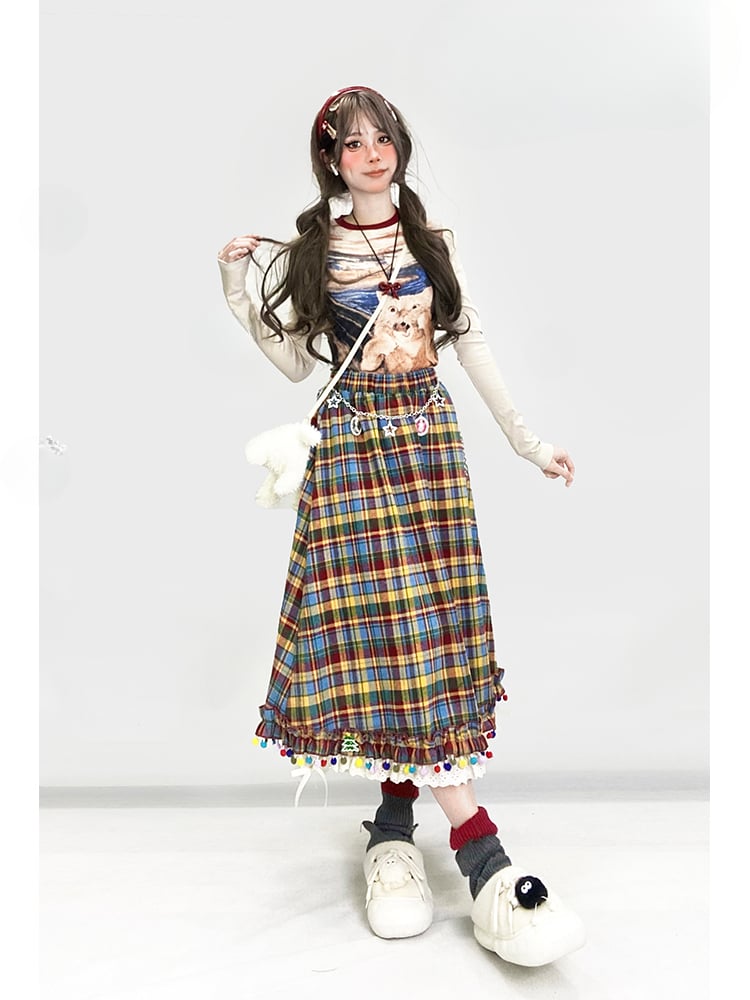Rainbow Plaid Pompons Hem Midi Length Vintage Skirt