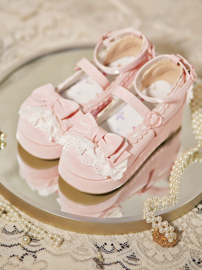 Top Heart Platforms Buckles at Bow Baby Pink Trim Lace
