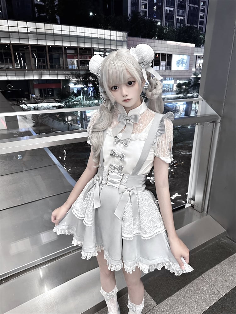 Hairclips Grey Bowknot Kei White Ruffled Trim Jirai Lace