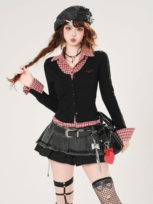 Red Plaid and Black Faux Two-pieces Slim-fitting Top