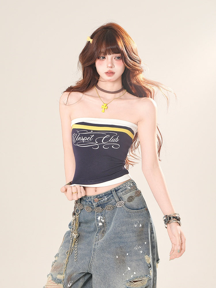 Navy Blue/Black Letter Print Cropped Strapless Top