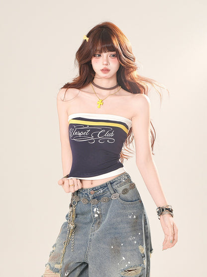 Navy Blue/Black Letter Print Cropped Strapless Top