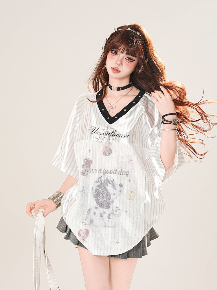 Pink/Silver Blokette Core V-Neck Striped T-Shirt
