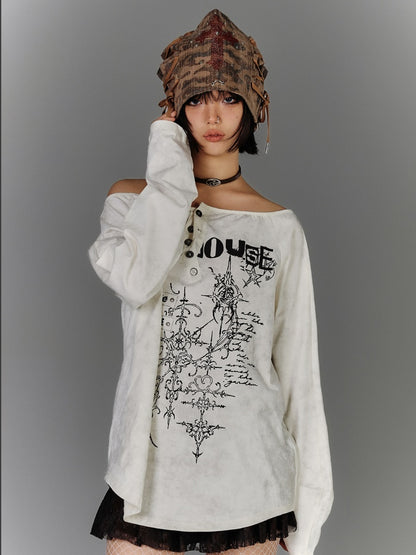 Apricot Off-the-shoulder Graphic Neckline Cotton Top Distressed