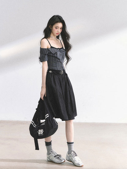 Two-pieces Off-the-shoulder Neckline Black and Gray Striped Top Faux