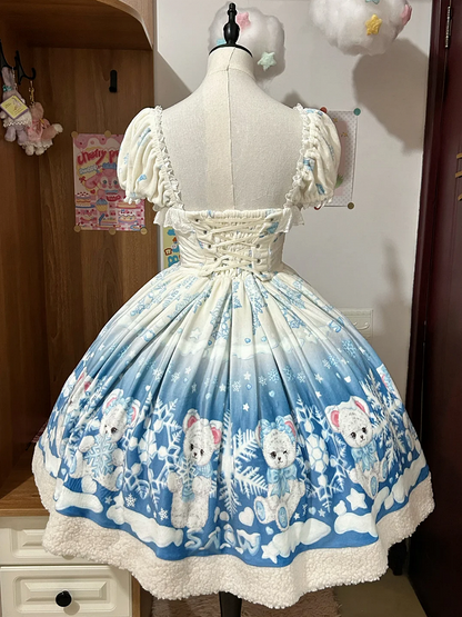 Teddy and Snowflake Blue Winter Fleece Hemline Sweet Lolita Dress