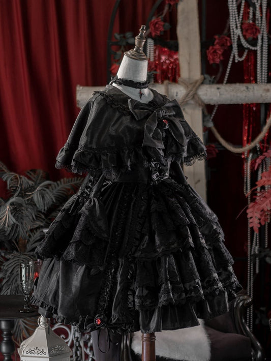 Kuro Sleeves Cape Drawstring Dress Layered Bell Gothic Skirt Lolita + Black