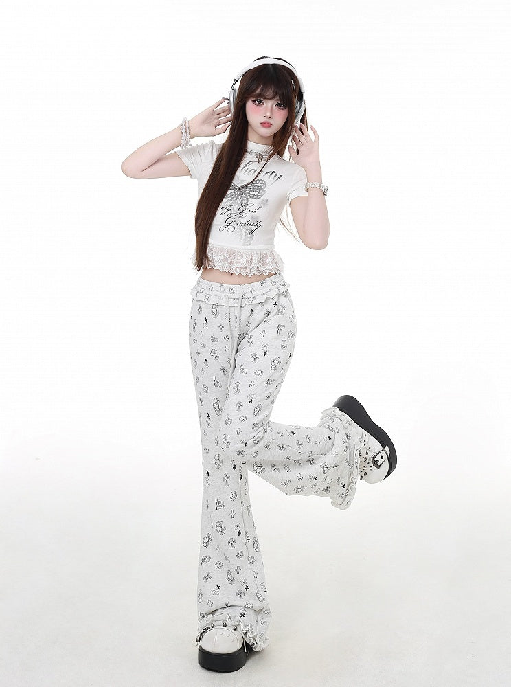 Gray Cuffs Low Waist Kitty and Cross Print Light Glamorous Ruffled Flared Pants