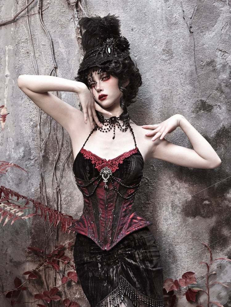 Goth Spiderweb Lace Wine Red Vampire Boned Corset