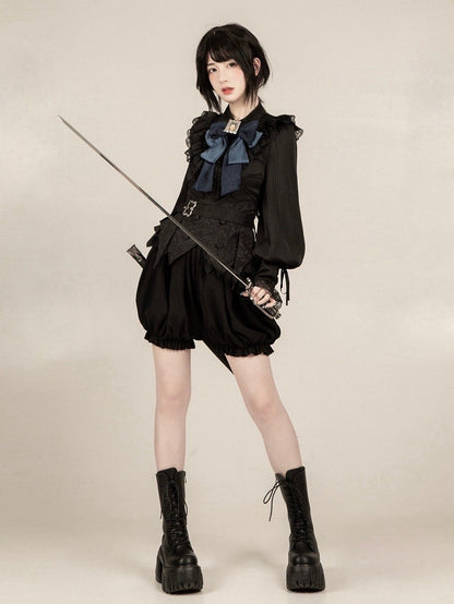 Straps with Blue - Black Bloomer Ouji Bowtie Boned Set Belt Corset Shorts Lolita + Gothic