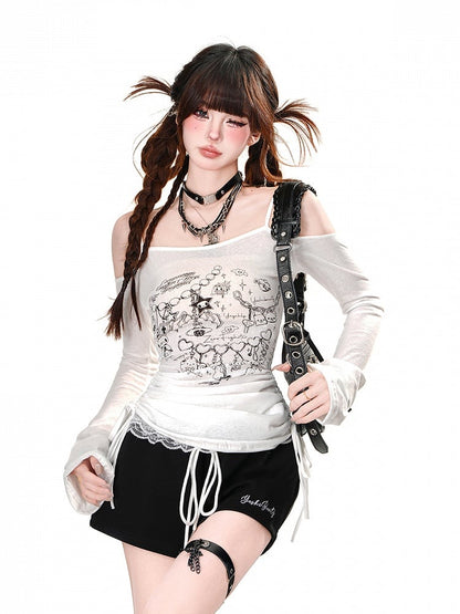 Trim Glamorous Waist Sports Wide-Leg Shorts Lace Black Drawstring