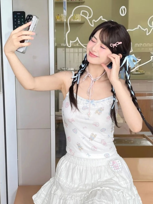 White Lace Trim Neckline Cropped Cute Bear Print Ruffled Cami Top