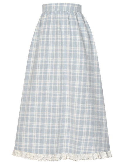 Jupe midi taille haute à carreaux bleus et bordure en dentelle