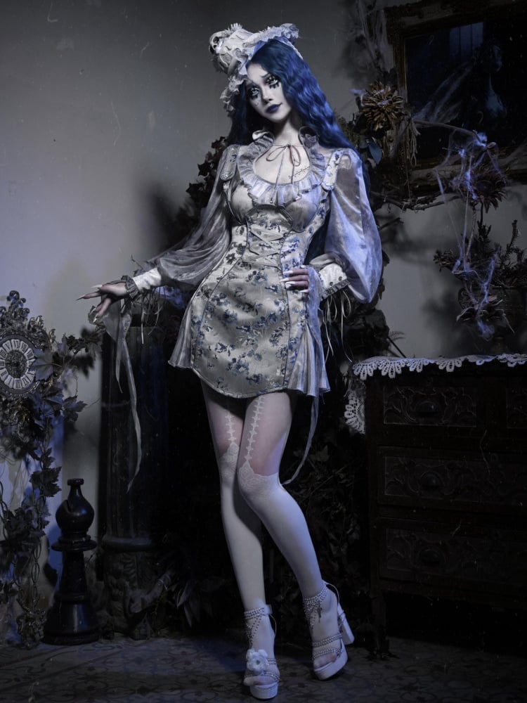 Dusty Blue Floral Jacquard Corpse Bride Overall Dress