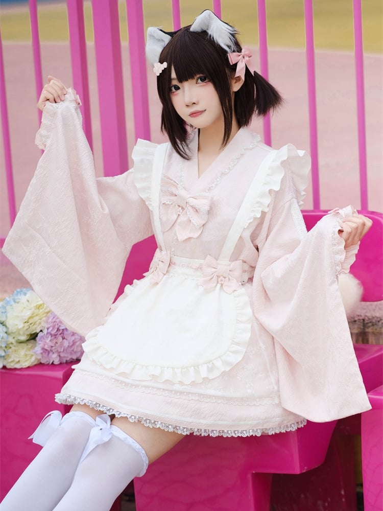 Wa Kei Pink Set-Bell Full Style Jirai Sleeves Blossom Apron Dress+Flutter Outfit Festival Cherry