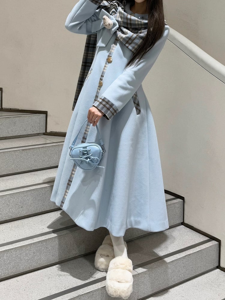 Blue Sweet Vintage Preppy Style Bow Accent Long Coat with Plaid Scarf Details