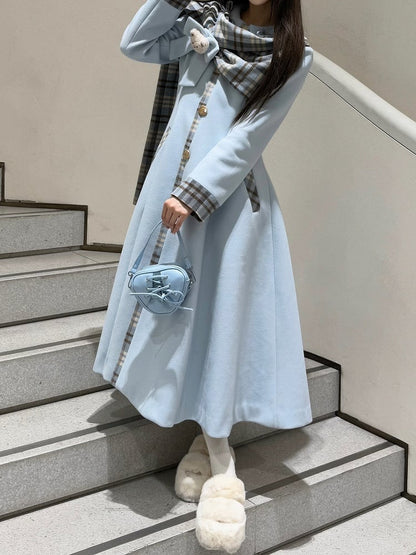 Blue Sweet Vintage Preppy Style Bow Accent Long Coat with Plaid Scarf Details