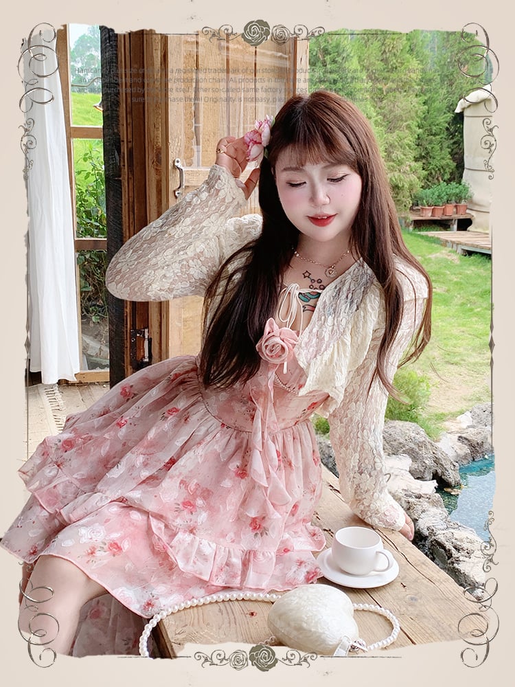Hollow-out Lace Plus Top Size Straps Apricot Self-tie