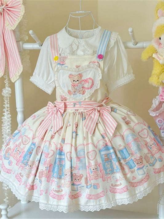 Overall Plush Bunny Creamy Lolita White Dress Print and Toy Sweet Teddy