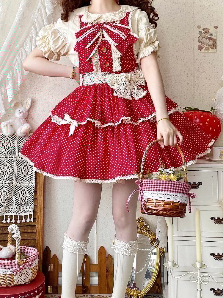 Overall Dress Pattern Red Lolita Polka-dot School Old