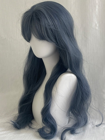 Dusty Blue Waist Length Wavy Wig With Air Bangs