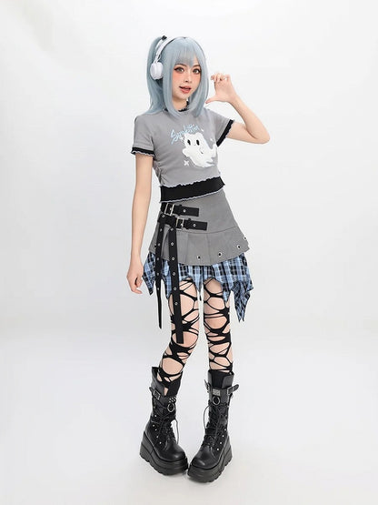Two-pieces Y2K Faux Ghost Embroidery Lettuce Hem T-Shirt Gray Plush