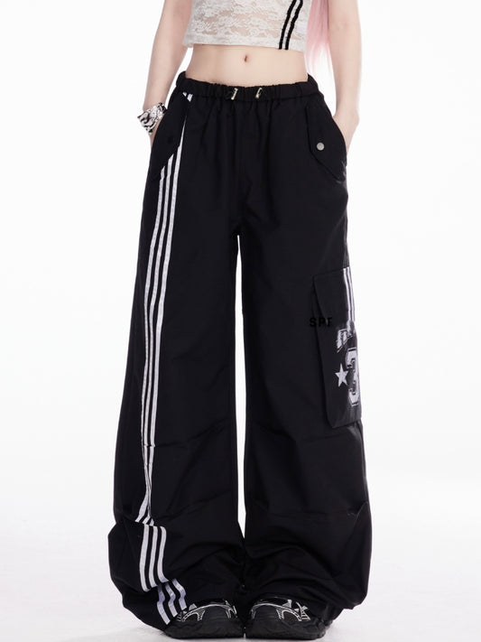 Drawstring Waist Striped Side Wide-Leg Cargo Pants Black/White