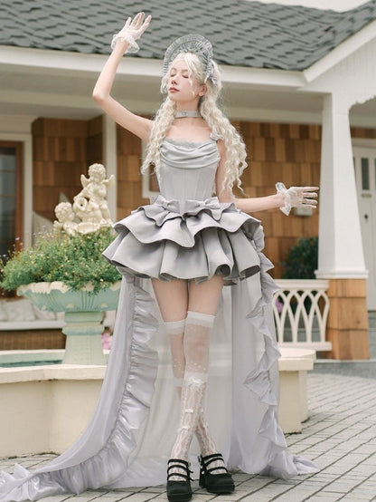 Cowl Spaghetti Dress Elegant Waist Straps Boned Lolita JSK Set Full Neckline Gray