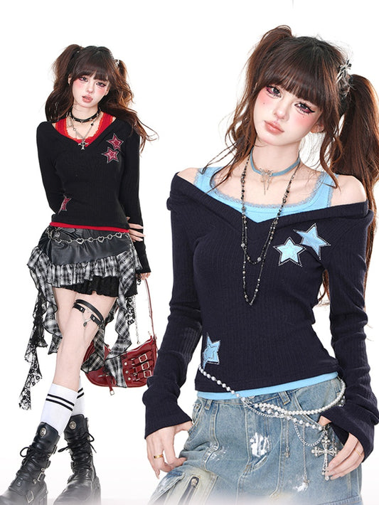 Haut glamour à strass noir bleu/noir rouge