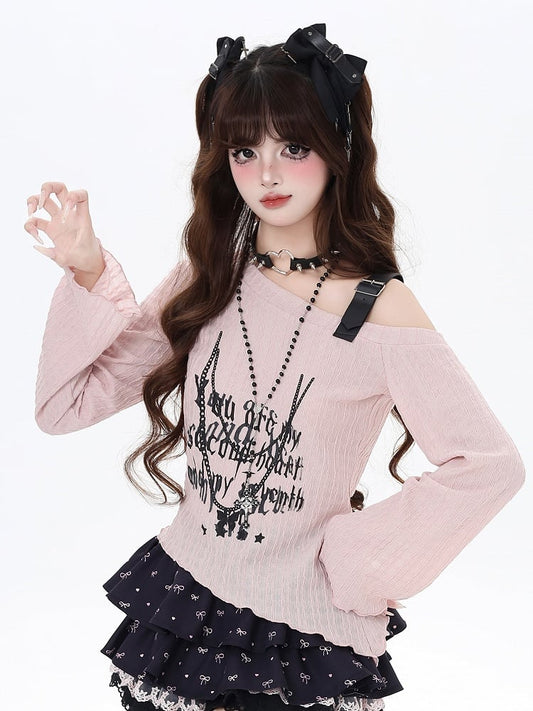 Top Pink/Black PU Strap Graphic Buckle Asymmetrical Neckline