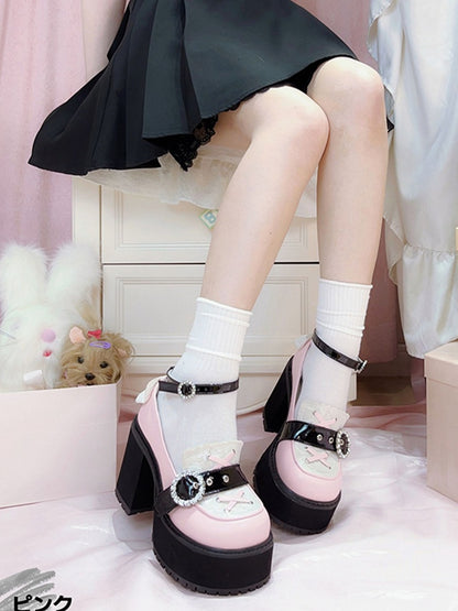 Kei Style Heels Shoes Black Jirai and Pink Landmine Chunky Platform