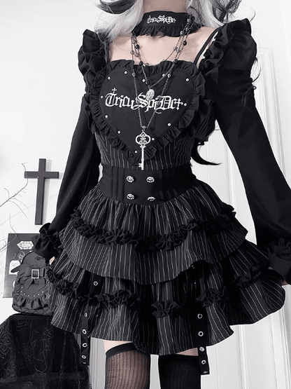Pattern Off-the-shoulder Letter Neckline Print Bell Black Sleeves Striped Gothic Dress