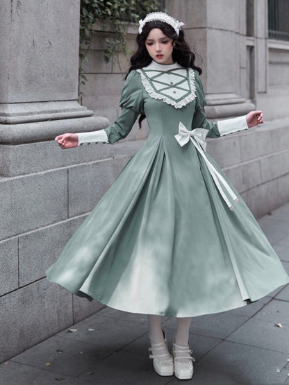 Robe verte élégante à manches Juliette, style lolita, manches longues, une pièce