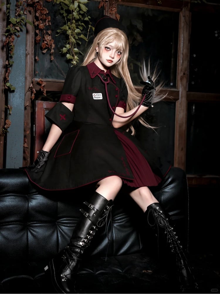 Black and Red Halloween Costume Nurse Lolita Dress Full Set